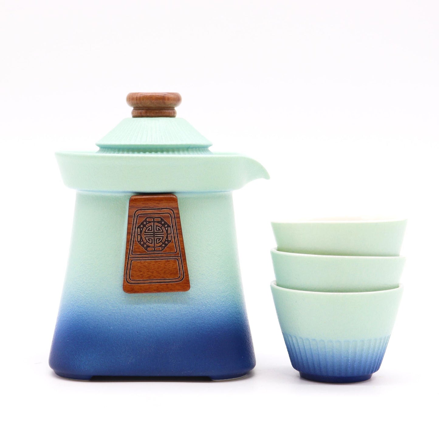 Sea Green Blue Heaven Ceramic Temple Teapot Set 4 Piece | 1 Pot and 3 Cups | Serene Tea Gift