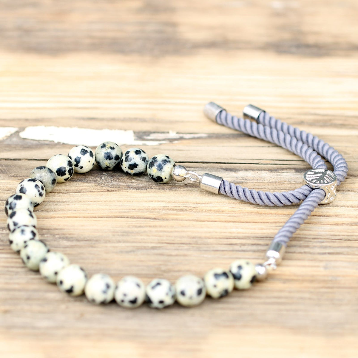 Dalmatian Jasper String Bracelet | 925 Silver Plated Slider | Charcoal Rope Cord | Adjustable | Unisex