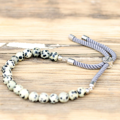 Dalmatian Jasper String Bracelet | 925 Silver Plated Slider | Charcoal Rope Cord | Adjustable | Unisex