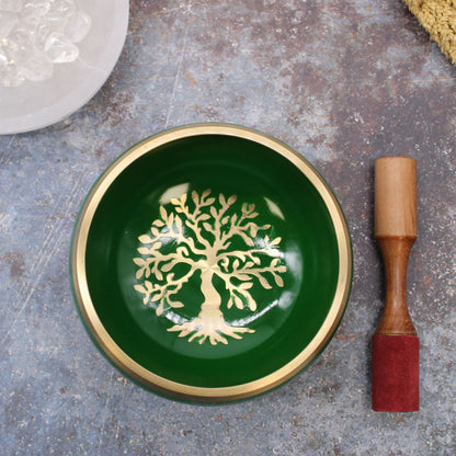 Tree of Life Singing Bowl Set | Green | 14cm | Brass | New
