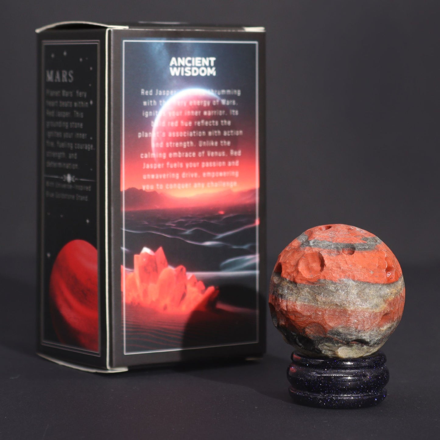Mars Gemstone Planet Red Jasper Sphere 40mm | Solar Goldstone Stand | Strength Passion Victory