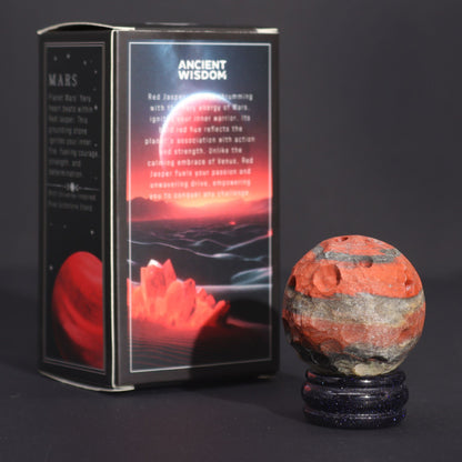 Mars Gemstone Planet Red Jasper Sphere 40mm | Solar Goldstone Stand | Strength Passion Victory