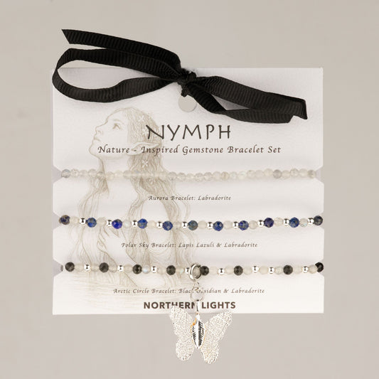 Northern Lights Nymph Spirit gemstone bracelet set of three on its gift card with ribbon