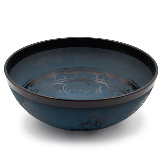 Double Dorje singing bowl in blue, large 27cm handmade aluminium with black rim and etched mantras