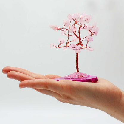 Rose Quartz Gemstone Tree on Pink Agate Base | 35 Stones | 7x4.5x10cm | New
