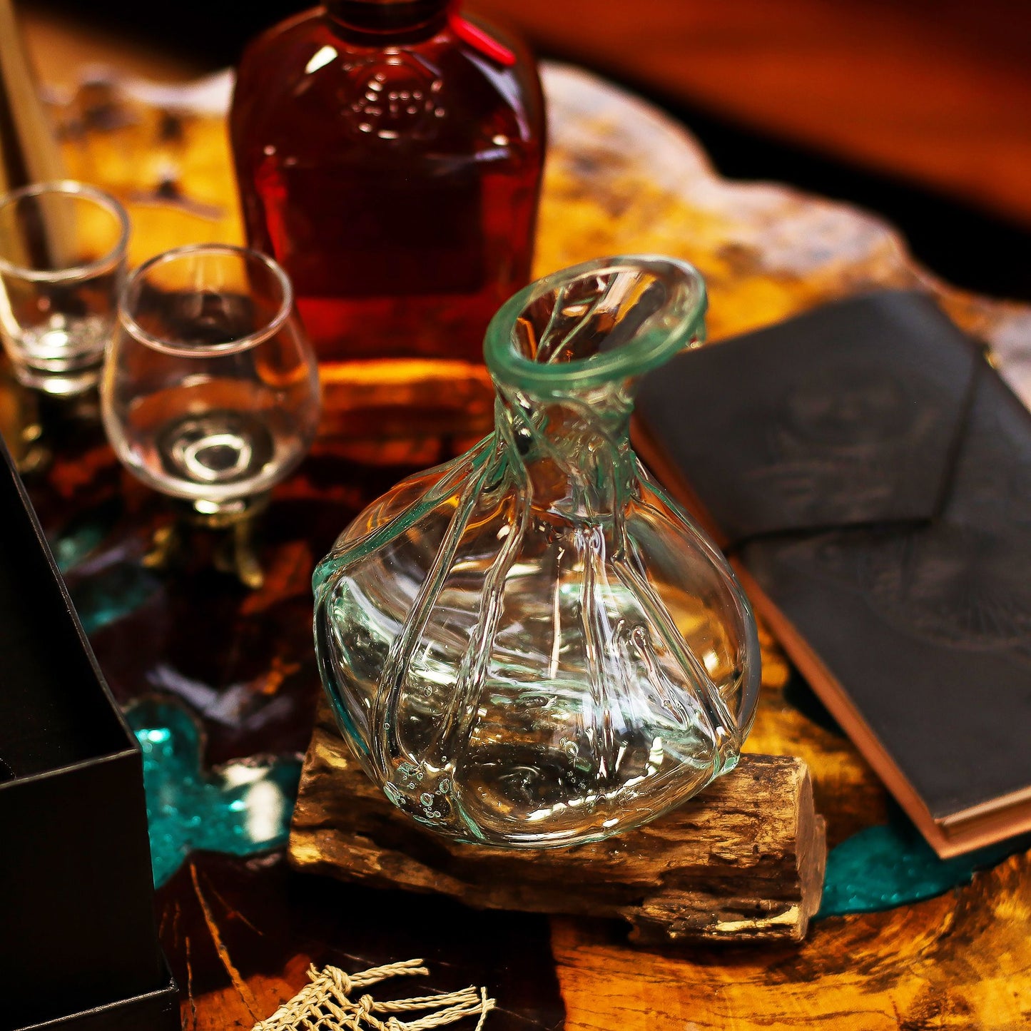 Molten Glass Fancy Mini Decanter on Driftwood | Handmade in Bali | 24x15x10cm | New