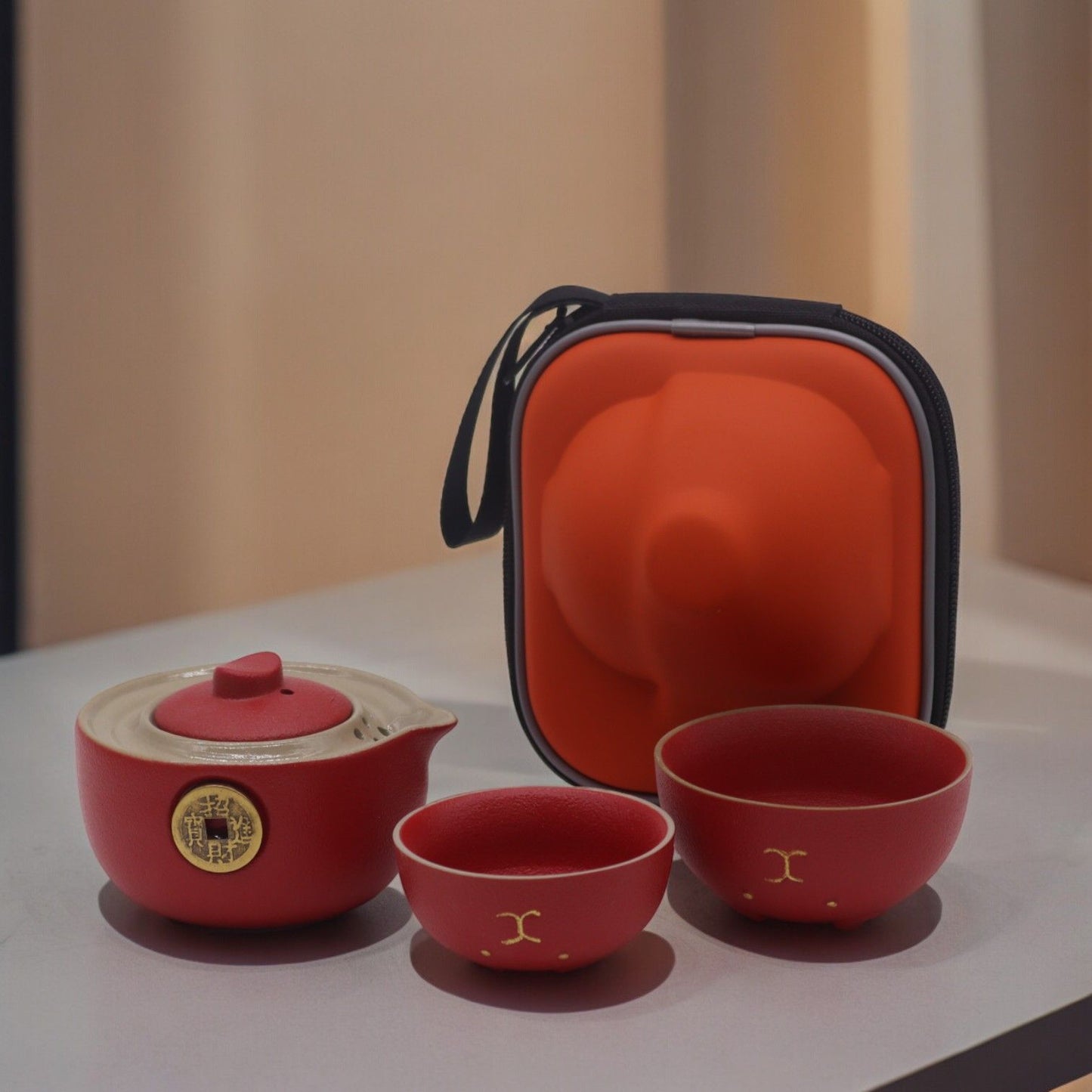 Red Money Cat Ceramic Teapot Set 3 Piece Travel Pack | 1 Pot and 2 Cups | Lucky Cat Tea Gift