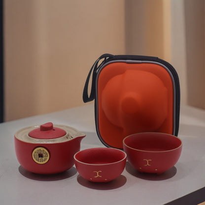 Red Money Cat Ceramic Teapot Set 3 Piece Travel Pack | 1 Pot and 2 Cups | Lucky Cat Tea Gift