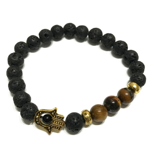Hamsa Tiger Eye Lava Stone Bracelet | Hamsa Hand Charm | Essential Oil Diffuser Beads | Stretch Fit | Unisex