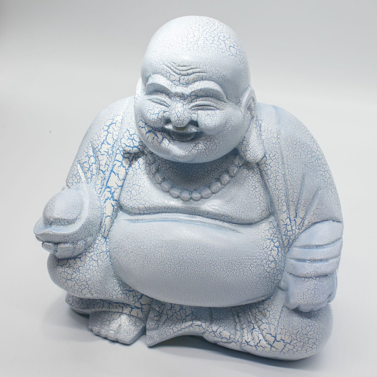 Laughing Buddha Lamp | Sky Blue Crackle Finish | Round Stand | Handmade in Indonesia | New