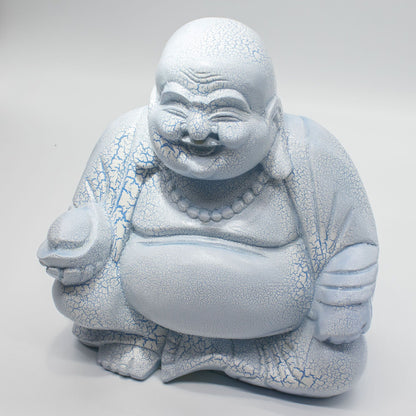 Laughing Buddha Lamp | Sky Blue Crackle Finish | Round Stand | Handmade in Indonesia | New