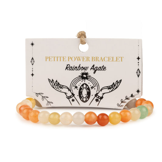 Rainbow Agate petite power bracelet with 6mm beads on its illustrated presentation card
