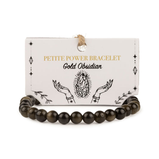 Gold Obsidian petite power bracelet with 6mm beads on its illustrated presentation card