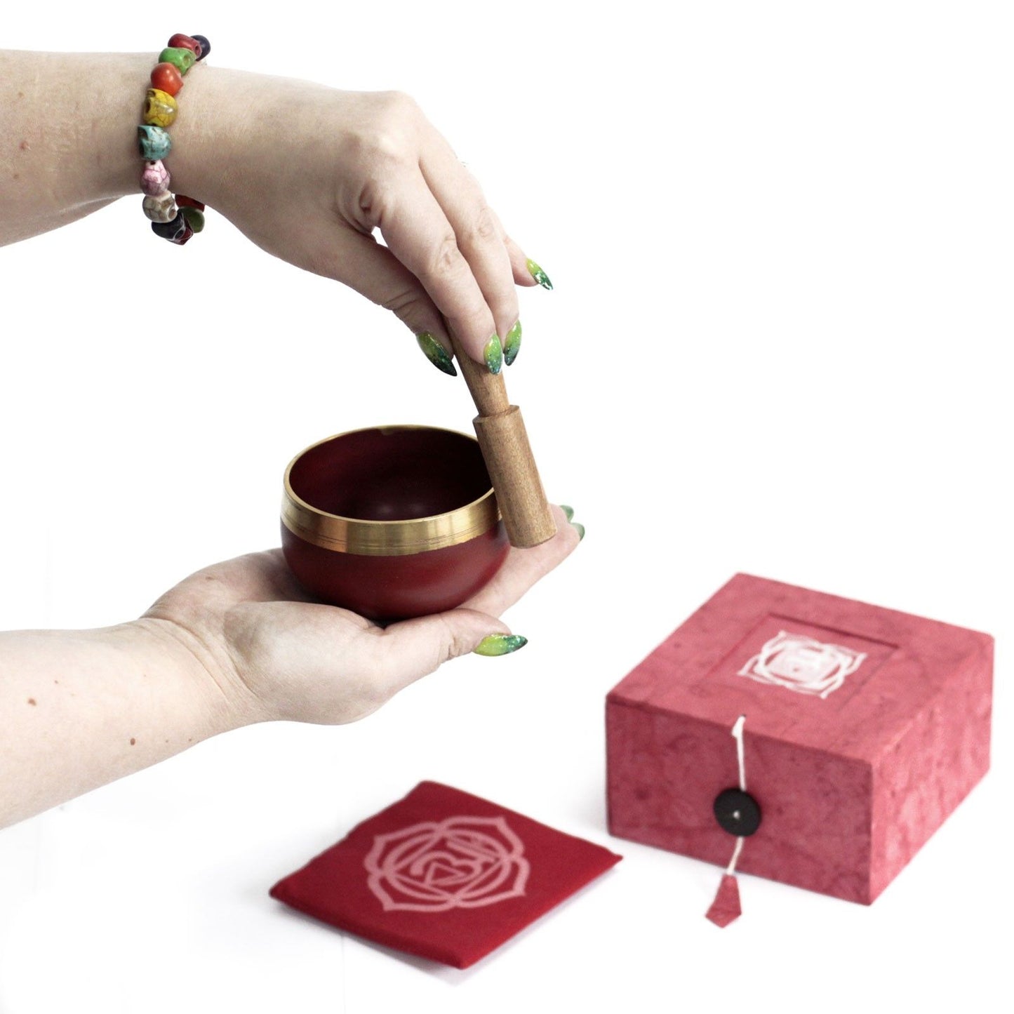 Heart Chakra Singing Bowl Gift Set | Anahata | Hand-Painted | Brass | New