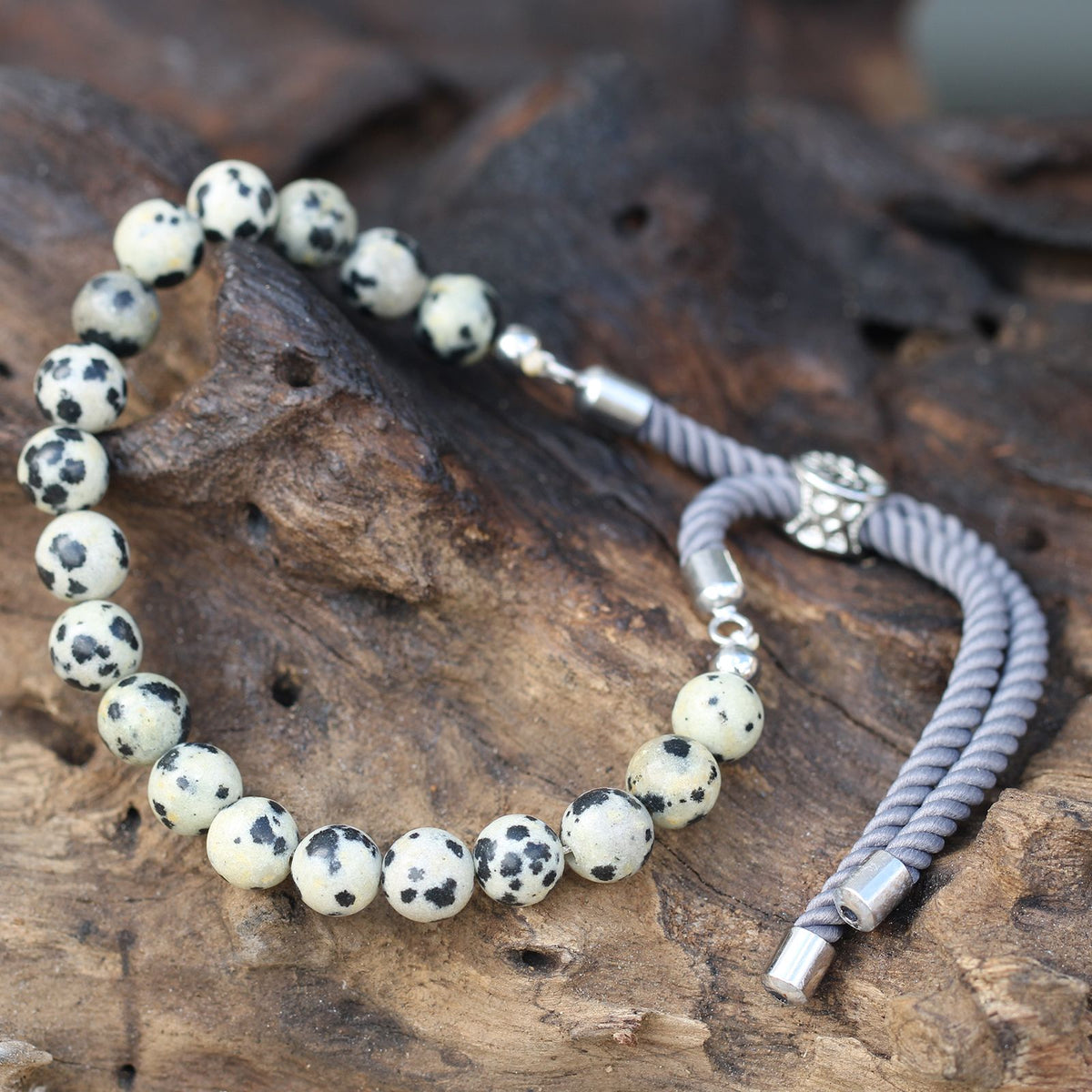 Dalmatian Jasper String Bracelet | 925 Silver Plated Slider | Charcoal Rope Cord | Adjustable | Unisex