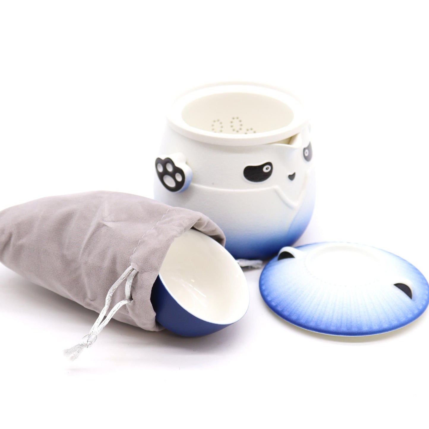 Sky Blue Ceramic Panda Teapot Set 4 Piece | 1 Pot and 3 Cups | Charming Tea Lover Gift Set
