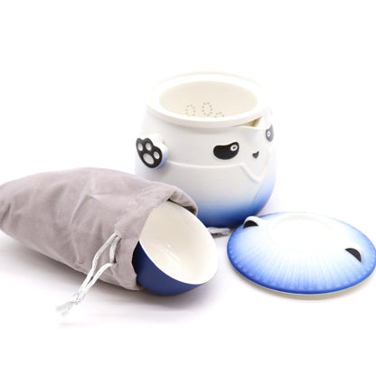 Sky Blue Ceramic Panda Teapot Set 4 Piece | 1 Pot and 3 Cups | Charming Tea Lover Gift Set