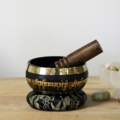 Lotus Flower Singing Bowl Set | Engraved Brass | Mallet and Cushion | New
