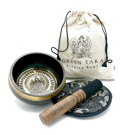 Green Tara Singing Bowl Gift Set | Hand Beaten and Engraved | 14cm | Brass | New