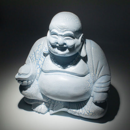 Laughing Buddha Lamp | Sky Blue Crackle Finish | Round Stand | Handmade in Indonesia | New