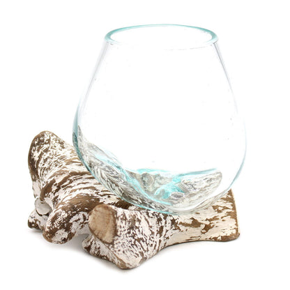 Molten Glass on Whitewash Wood | Small Bowl | Handmade in Bali | 13x11x10cm | New