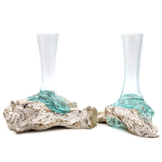 Molten Glass Vase on Whitewash Wood | Medium | Handmade in Bali | 24x16x12cm | New