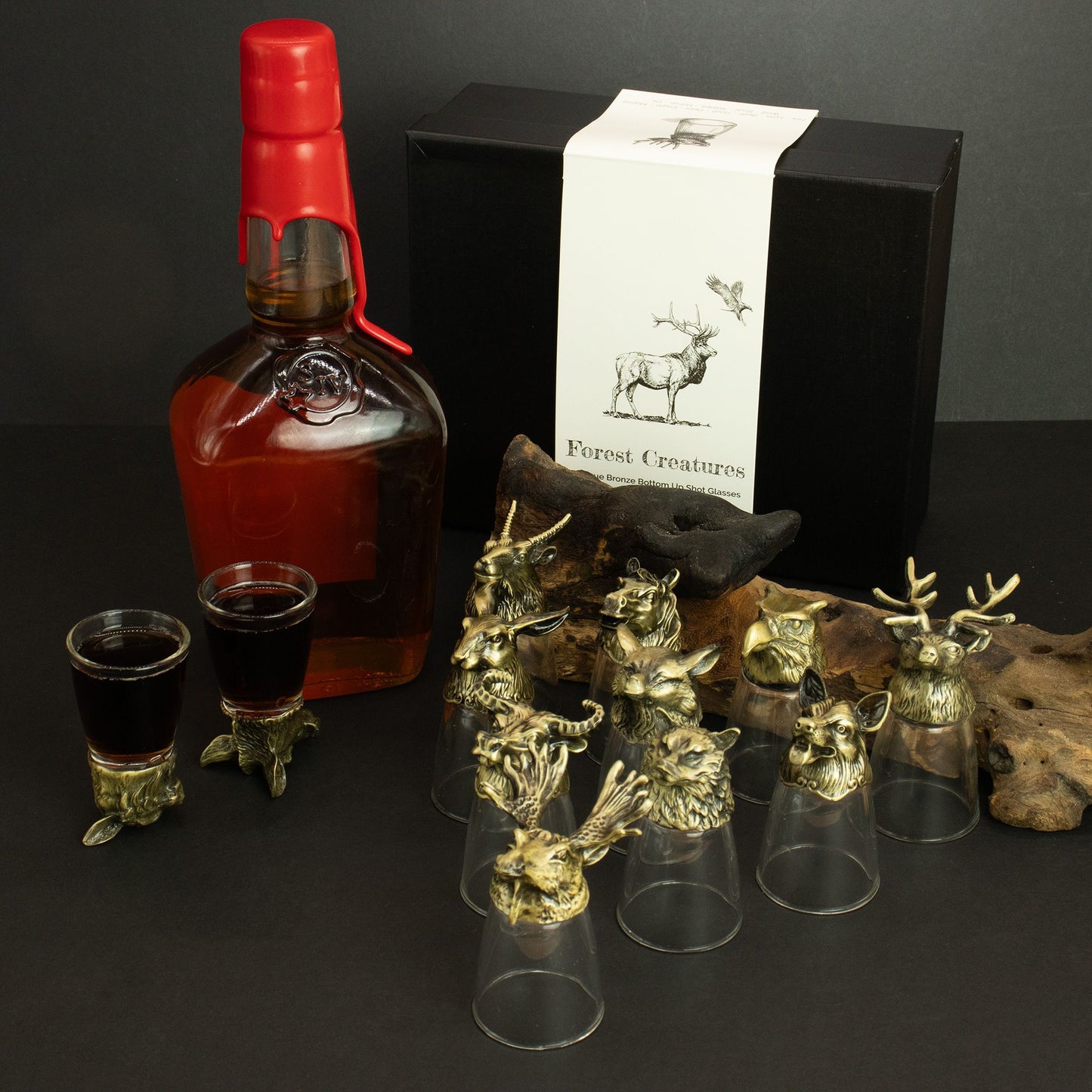 Bottom Up Shot Glass Gift Set of 12 | Forest & Mystical Creatures | 25ml | Antique Bronze | New