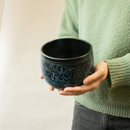 Blue Magic Mushroom cauldron singing bowl held in both hands