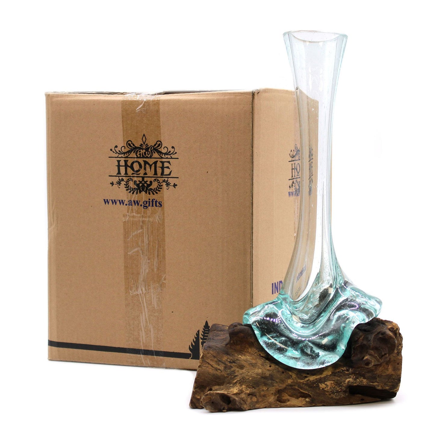 Molten Glass Vase on Driftwood | Handmade Balinese Art | 15.5x22x28cm | New