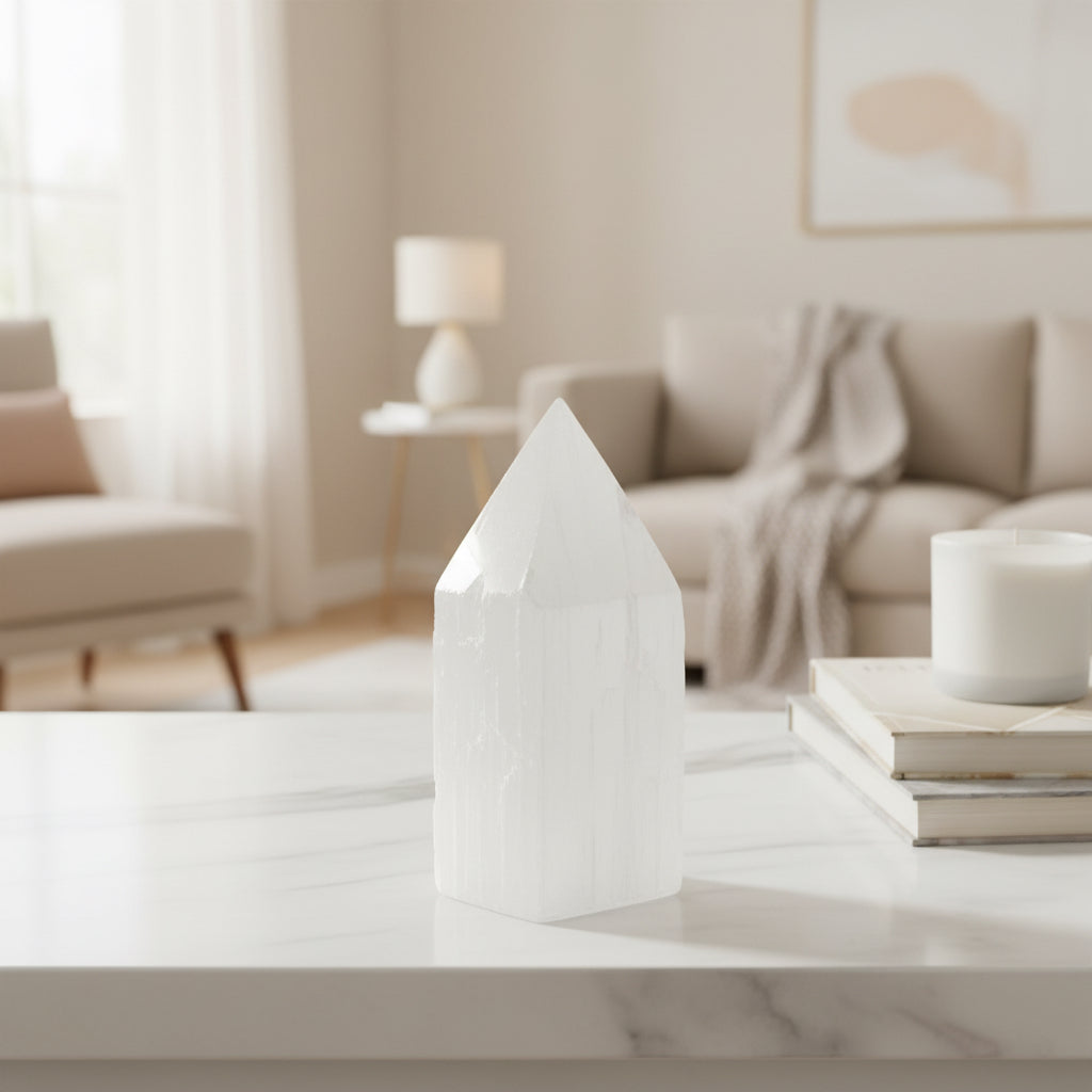 Selenite Pencil Point Tower - 10 cm