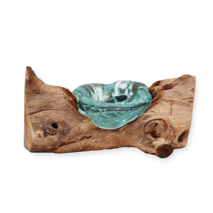 Molten Glass Candle Single Holder on Driftwood | Handmade in Bali | 14x17x9cm | New