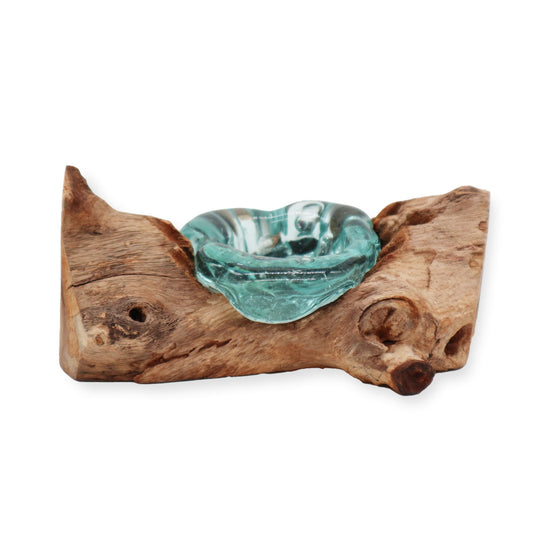 Molten Glass Candle Single Holder on Driftwood | Handmade in Bali | 14x17x9cm | New