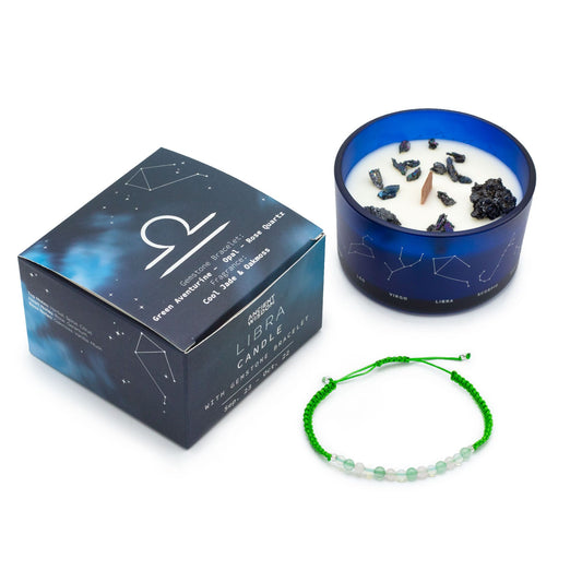 Libra Zodiac Crystal Candle with Gemstone Bracelet | Soy Wax | Green Aventurine Opal Rose Quartz | Wooden Crackle Wick | Peruvian Pyrite
