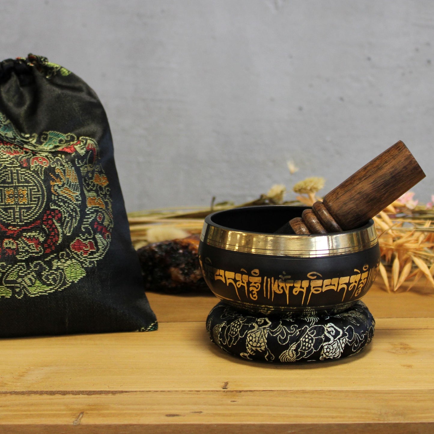 Lotus Flower Singing Bowl Set | Engraved Brass | Mallet and Cushion | New