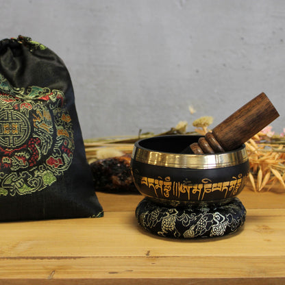 Lotus Flower Singing Bowl Set | Engraved Brass | Mallet and Cushion | New