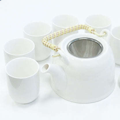 Classic White Ceramic Herbal Teapot Set 7 Piece | Artisan Style | Timeless Tea Lover Gift Set