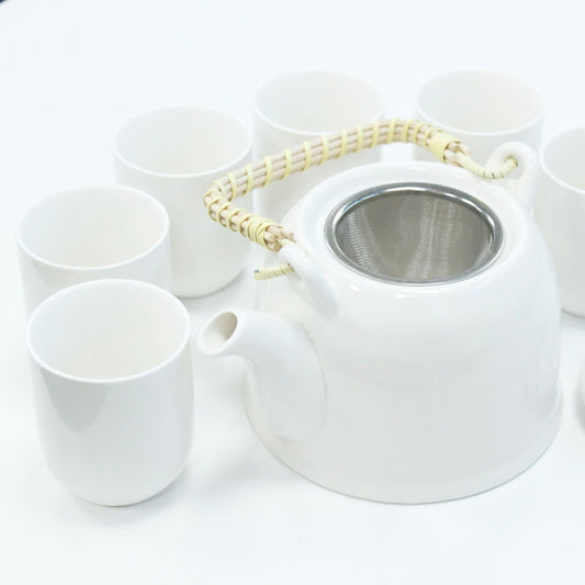 Classic White Ceramic Herbal Teapot Set 7 Piece | Artisan Style | Timeless Tea Lover Gift Set