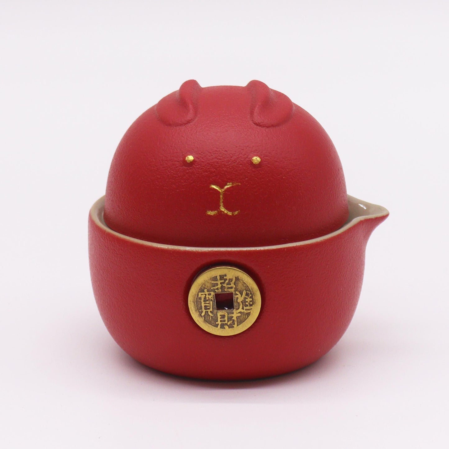 Red Money Cat Ceramic Teapot Set 3 Piece Travel Pack | 1 Pot and 2 Cups | Lucky Cat Tea Gift