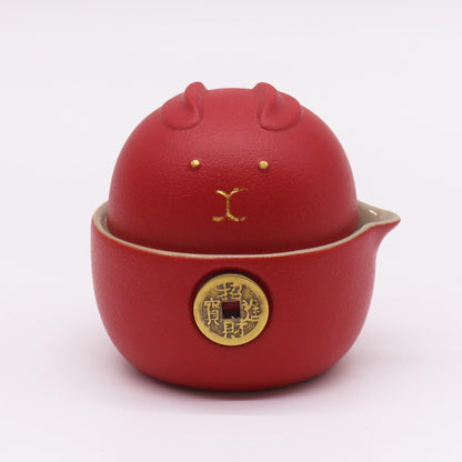 Red Money Cat Ceramic Teapot Set 3 Piece Travel Pack | 1 Pot and 2 Cups | Lucky Cat Tea Gift