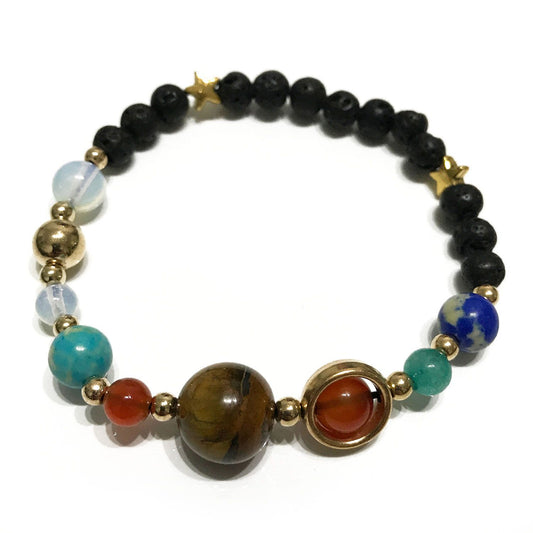 Gold Solar System Lava Stone Bracelet | Planet Beads | Essential Oil Diffuser Beads | Stretch Fit | Unisex