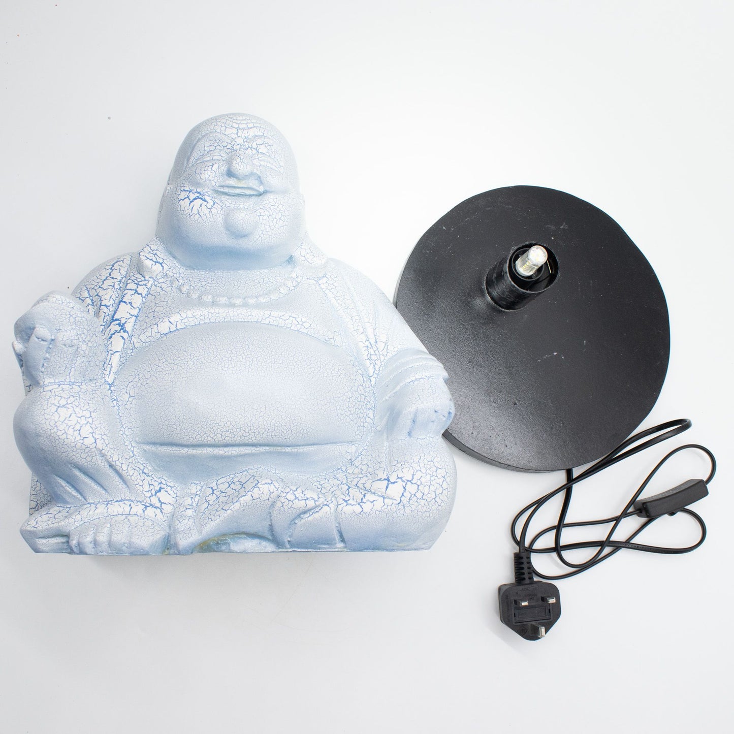 Laughing Buddha Lamp | Sky Blue Crackle Finish | Round Stand | Handmade in Indonesia | New