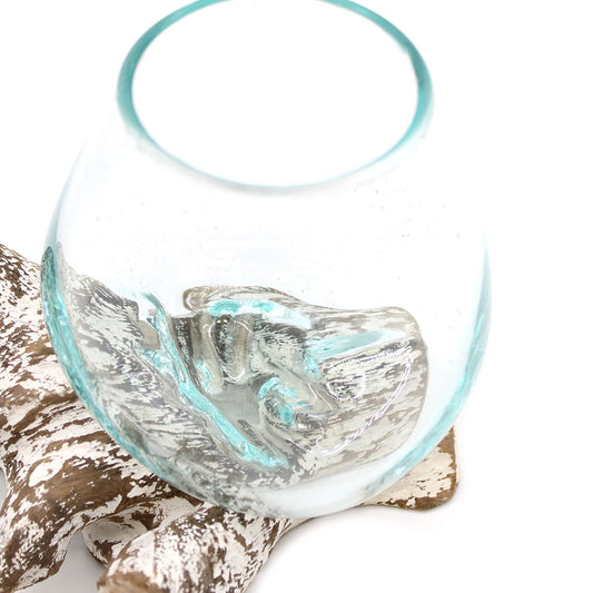 Molten Glass on Whitewash Wood | Small Bowl | Handmade in Bali | 13x11x10cm | New