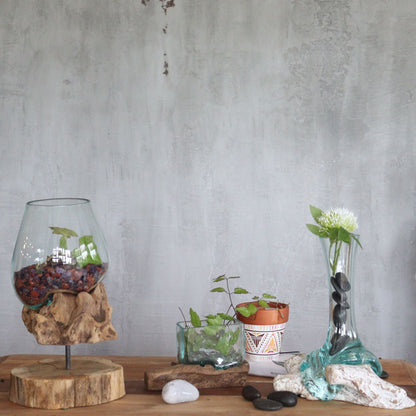 Molten Glass Vase on Driftwood | Handmade Balinese Art | 15.5x22x28cm | New