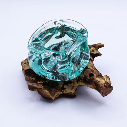 Molten Glass Chunky Ashtray & Candle Holder on Driftwood | 23cm | 11x14x19.5cm | New