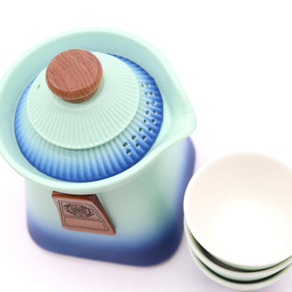 Sea Green Blue Heaven Ceramic Temple Teapot Set 4 Piece | 1 Pot and 3 Cups | Serene Tea Gift
