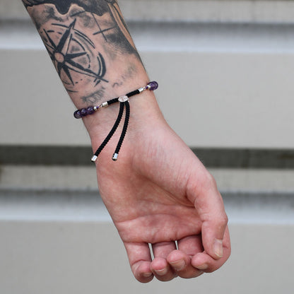 Dalmatian Jasper String Bracelet | 925 Silver Plated Slider | Charcoal Rope Cord | Adjustable | Unisex