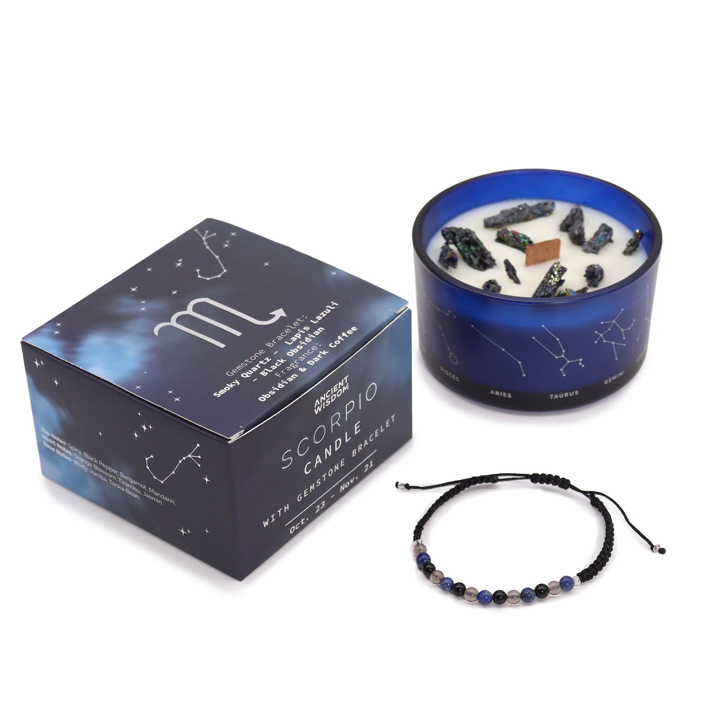Scorpio Birthday Zodiac Candle and Crystal Bracelet Gift Set | Soy Wax | Smoky Quartz and Lapis Lazuli and Black Obsidian