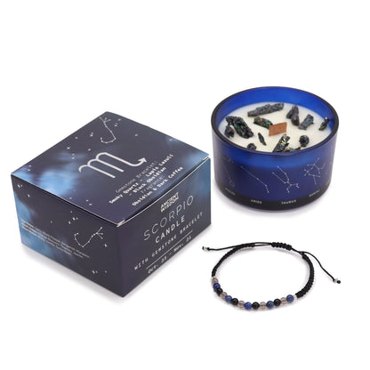 Scorpio Birthday Zodiac Candle and Crystal Bracelet Gift Set | Soy Wax | Smoky Quartz and Lapis Lazuli and Black Obsidian