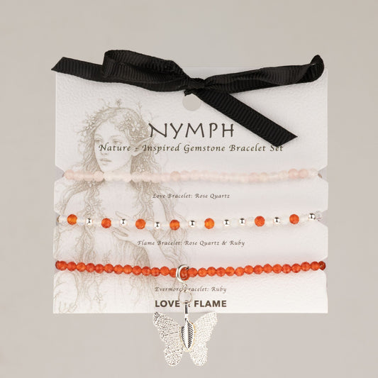 Love and Flame Nymph Spirit gemstone bracelet set of three on its gift card with ribbon