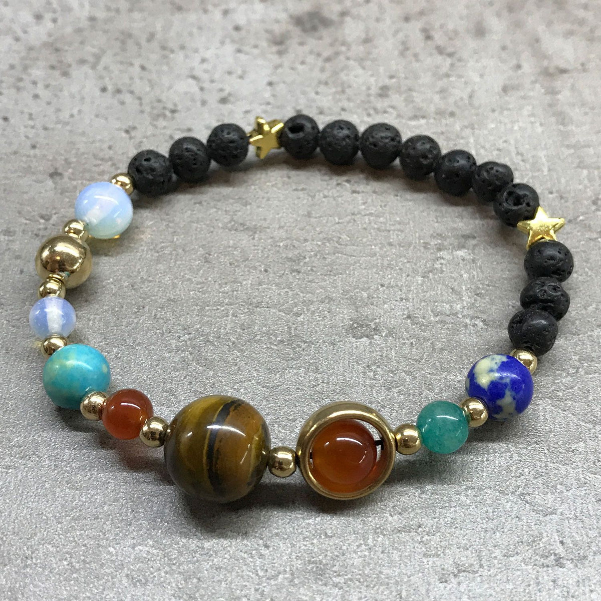 Gold Solar System Lava Stone Bracelet | Planet Beads | Essential Oil Diffuser Beads | Stretch Fit | Unisex